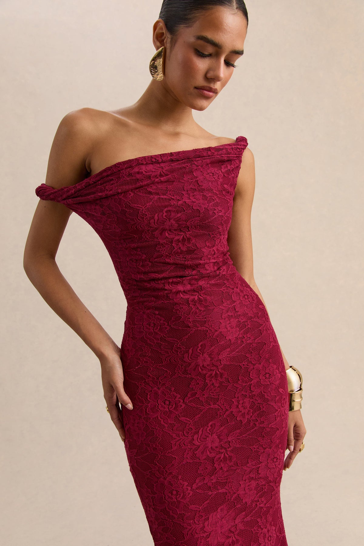 Afina | Burgundy Lace Asymmetric-Neck Maxi Dress - UK 8 Burgundy Afina | Burgundy Lace Asymmetric-Neck Maxi Dress - UK 8 Burgundy