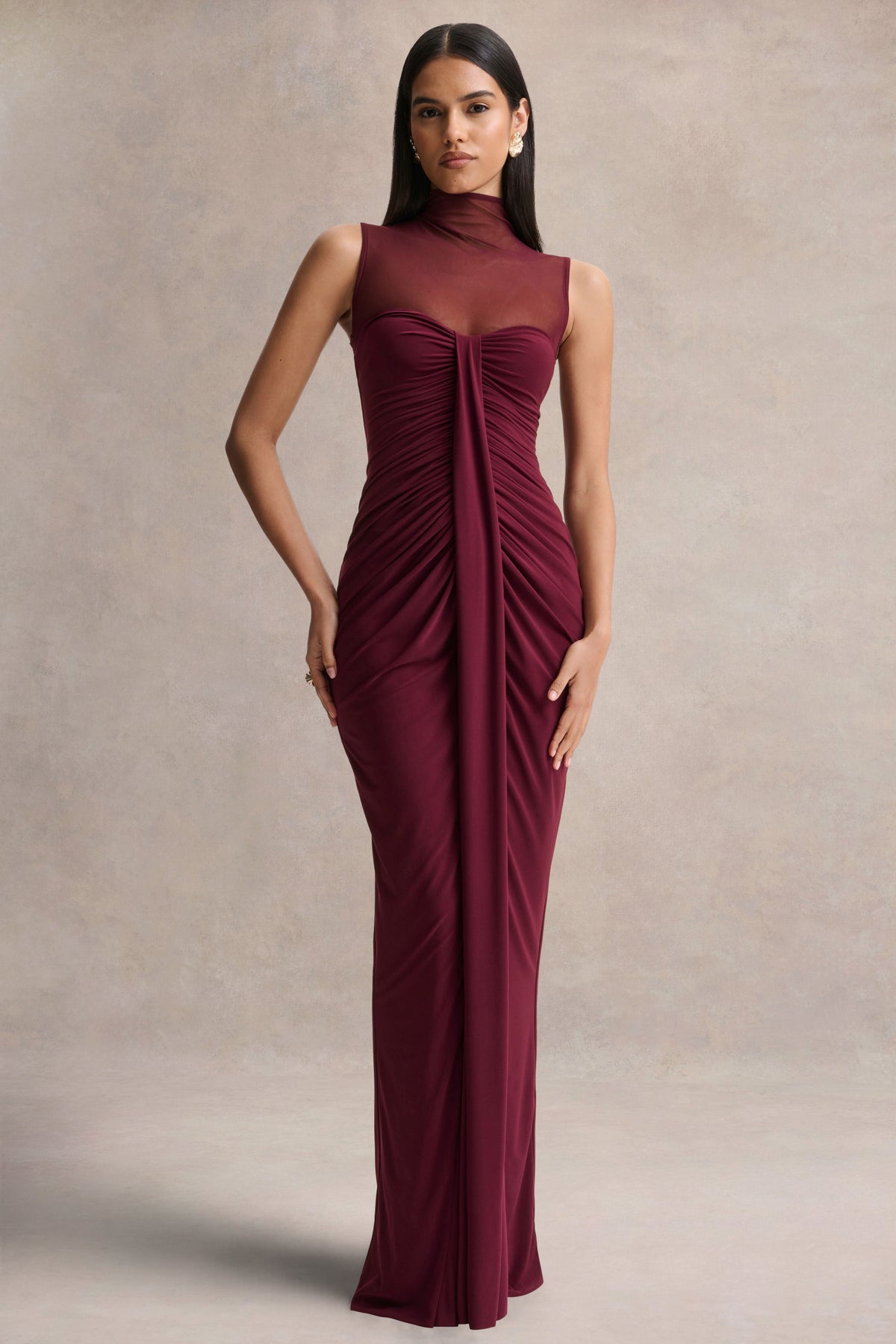 Brialle Burgundy High-Neck Maxi Dress With Mesh And Gathered-Detaili Club L London - USA Brialle Burgundy High-Neck Maxi Dress With Mesh And Gathered-Detaili Club L London - USA