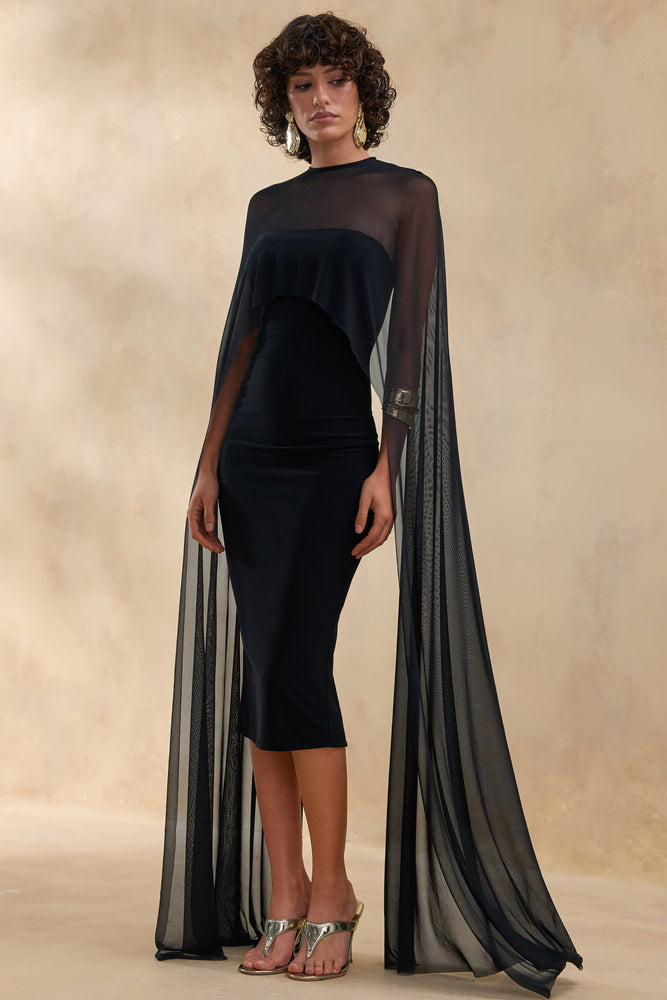 crew neck midi dress with sleeves Filippa | Black Crew-Neck Midi Dress With Sheer Cape-Sleeves