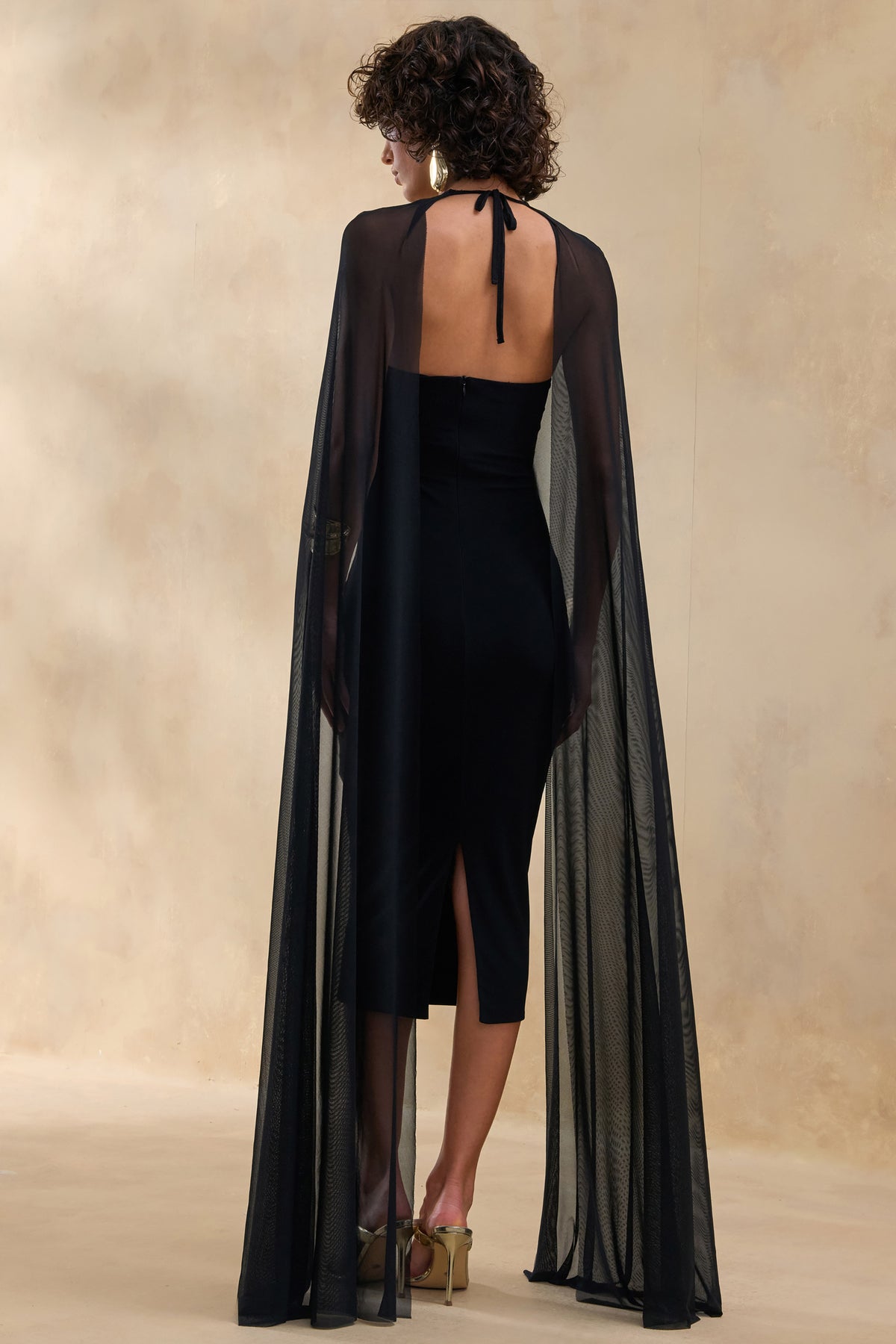 sheer cape for dress Filippa | Black Crew-Neck Midi Dress With Sheer Cape-Sleeves