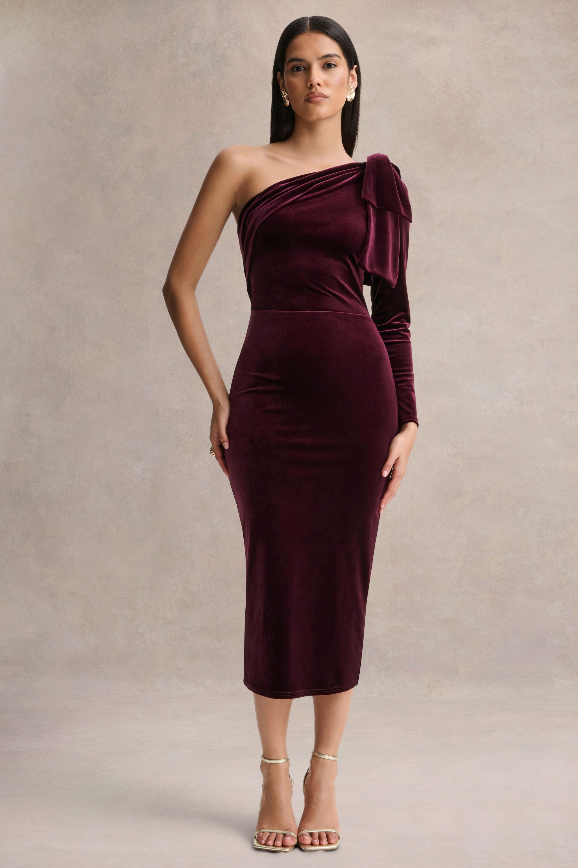 Vespera | Burgundy Velvet Asymmetric Neck Midi Dress With Bow Detail