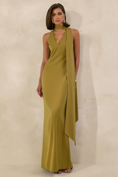True Icon | Olive Satin High-Neck Maxi Slip Dress With Sash – Club
