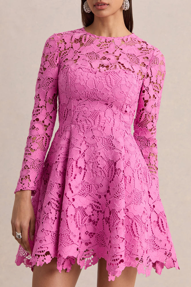 Morina | PINK Lace Crew-Neck Mini Dress - UK 14 PINK Morina | PINK Lace Crew-Neck Mini Dress - UK 14 PINK