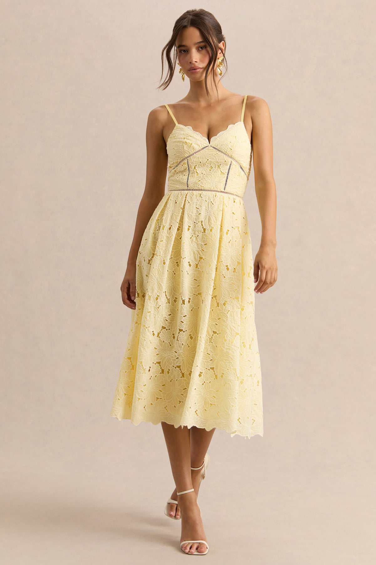 Nicoline | Lemon Lace Sweetheart Midi Dress With Cami Straps - UK 16 Lemon Nicoline | Lemon Lace Sweetheart Midi Dress With Cami Straps - UK 16 Lemon