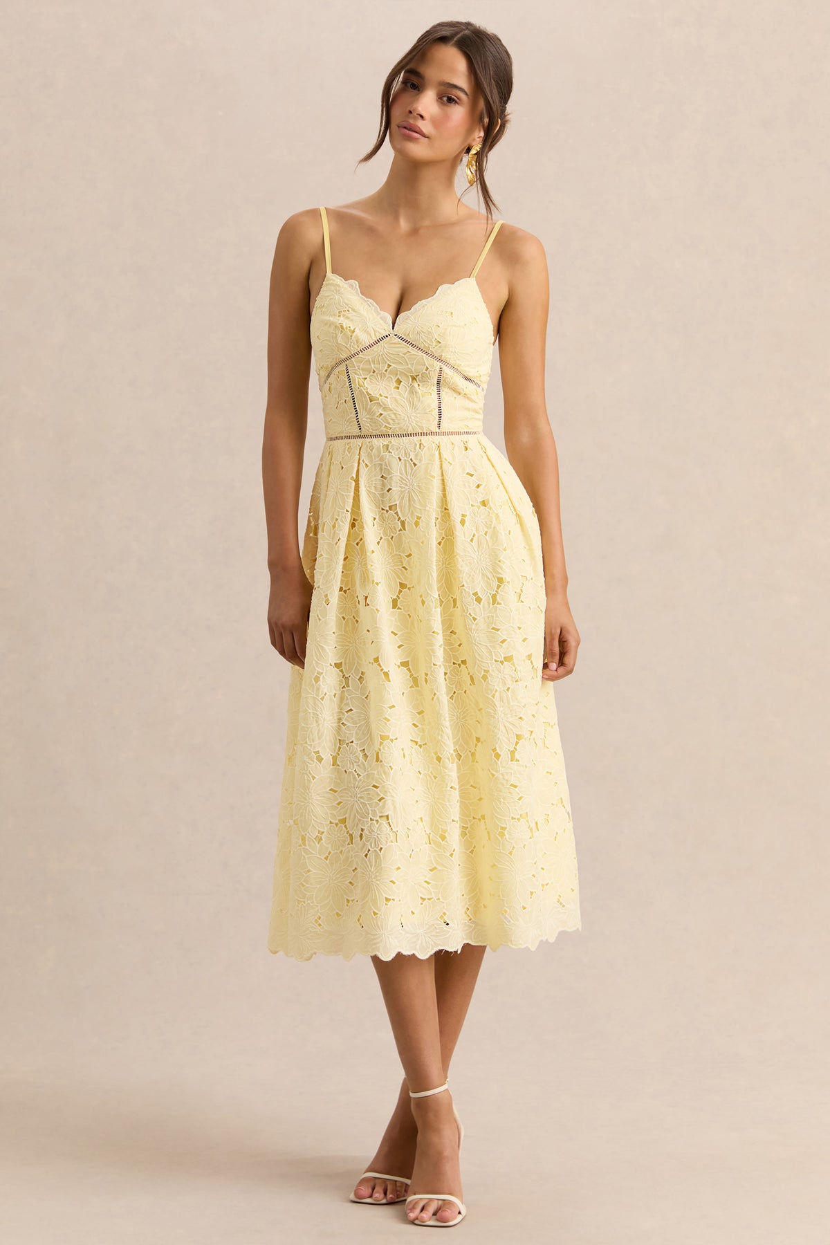 Nicoline | Lemon Lace Sweetheart Midi Dress With Cami Straps - UK 16 Lemon Nicoline | Lemon Lace Sweetheart Midi Dress With Cami Straps - UK 16 Lemon
