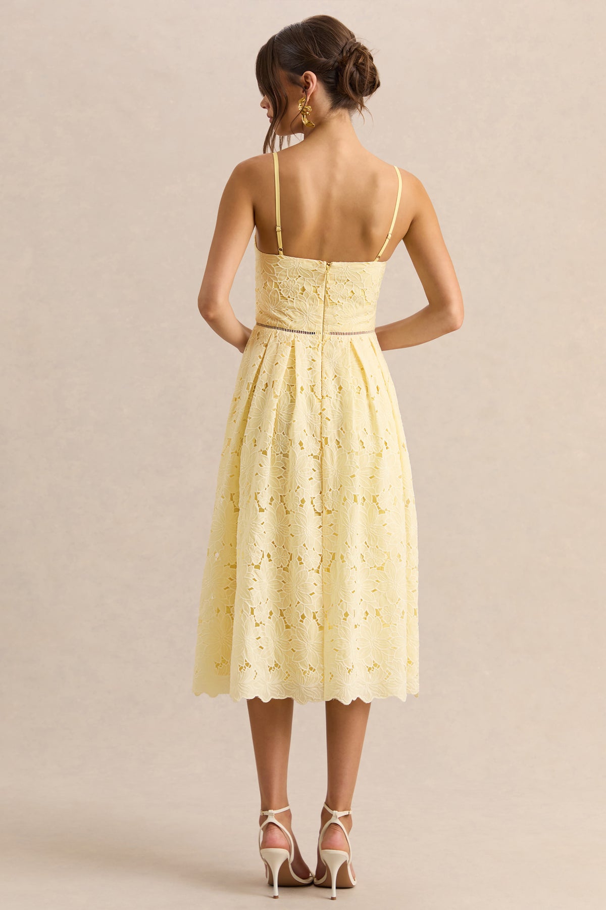Nicoline | Lemon Lace Sweetheart Midi Dress With Cami Straps - UK 16 Lemon Nicoline | Lemon Lace Sweetheart Midi Dress With Cami Straps - UK 16 Lemon