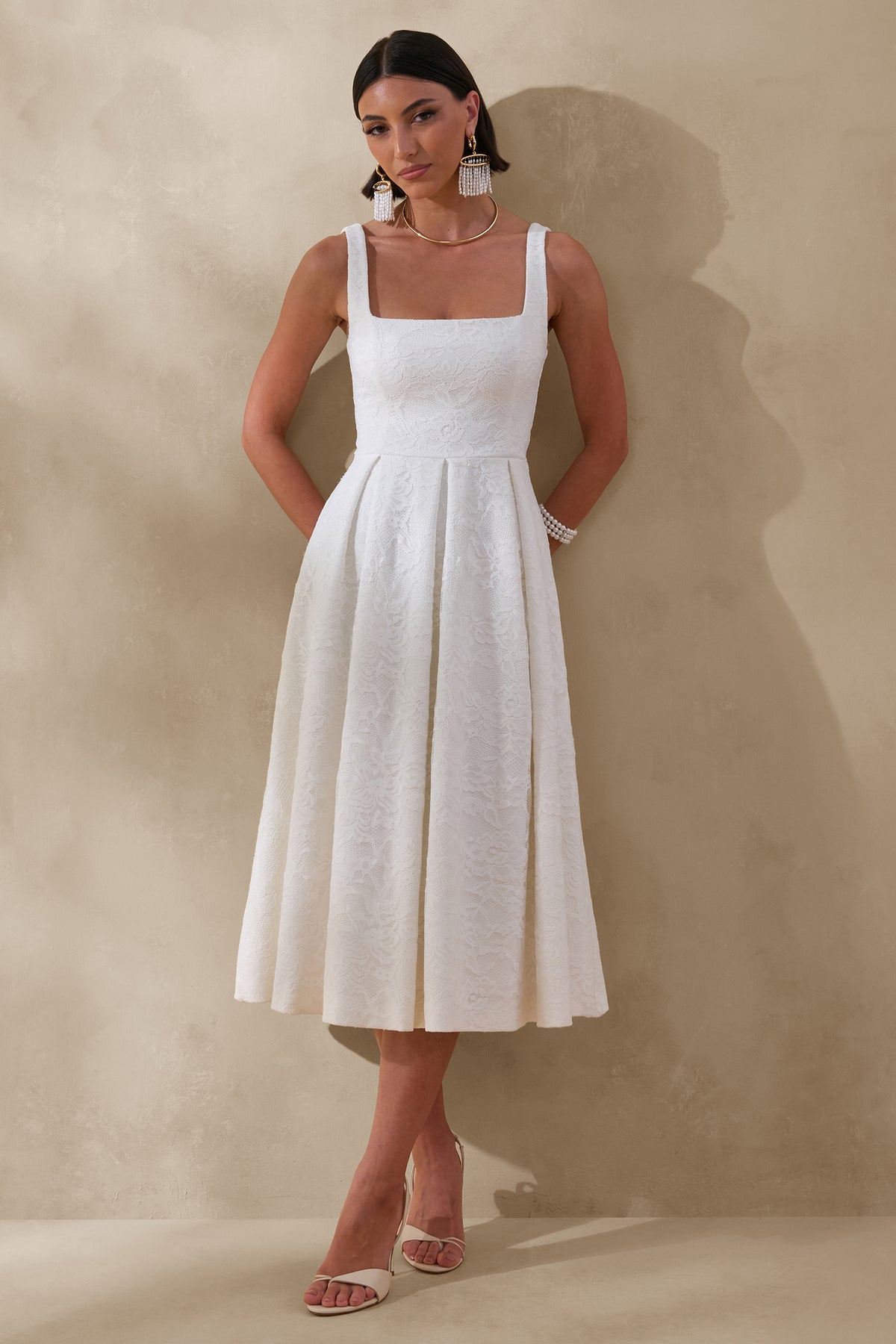 Ashmara White Lace Square-Neck Midi Dress Club L London - USA Ashmara White Lace Square-Neck Midi Dress Club L London - USA
