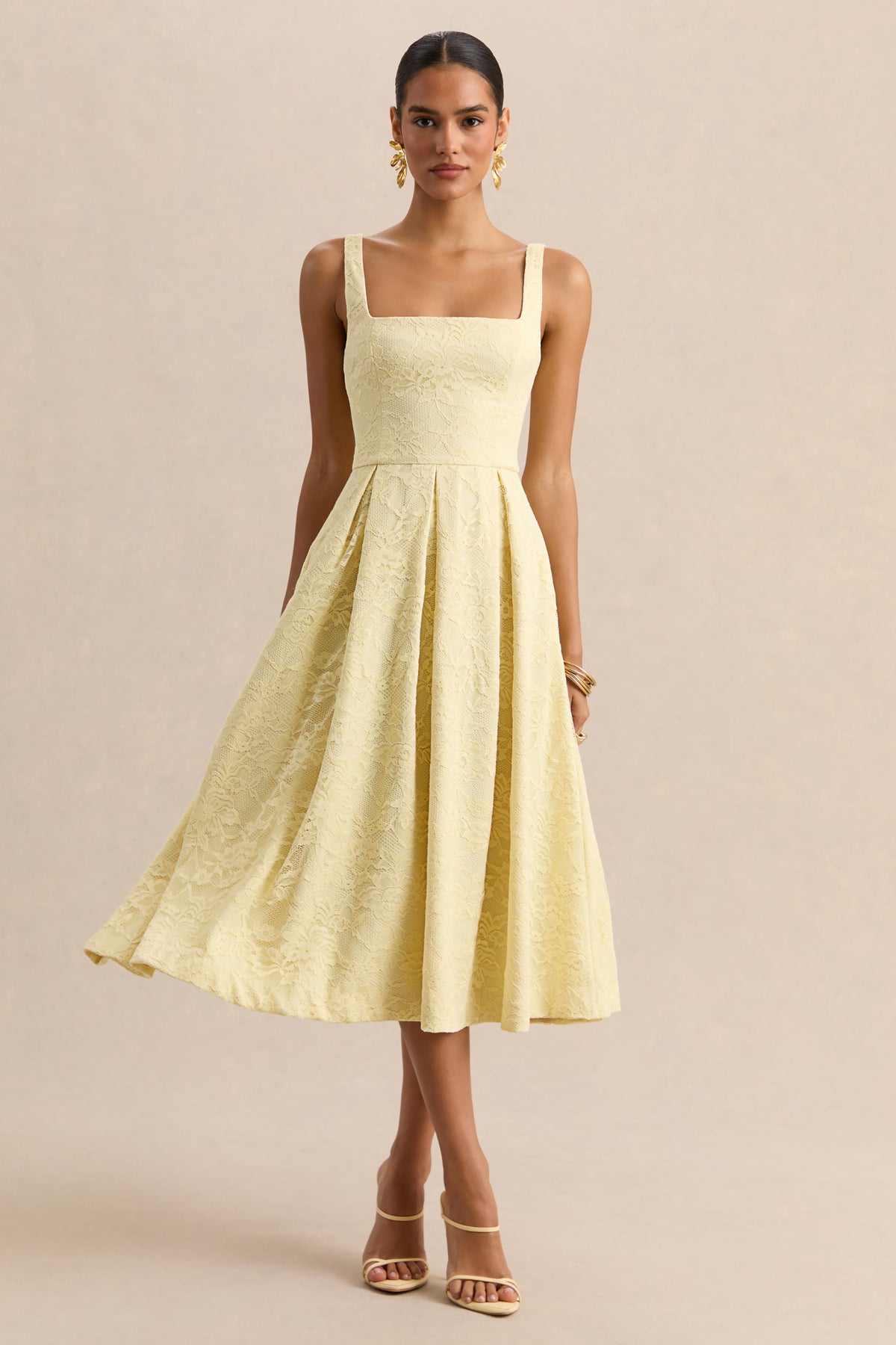 Ashmara Lemon Lace Square-Neck Midi Dress Club L London - USA Ashmara Lemon Lace Square-Neck Midi Dress Club L London - USA