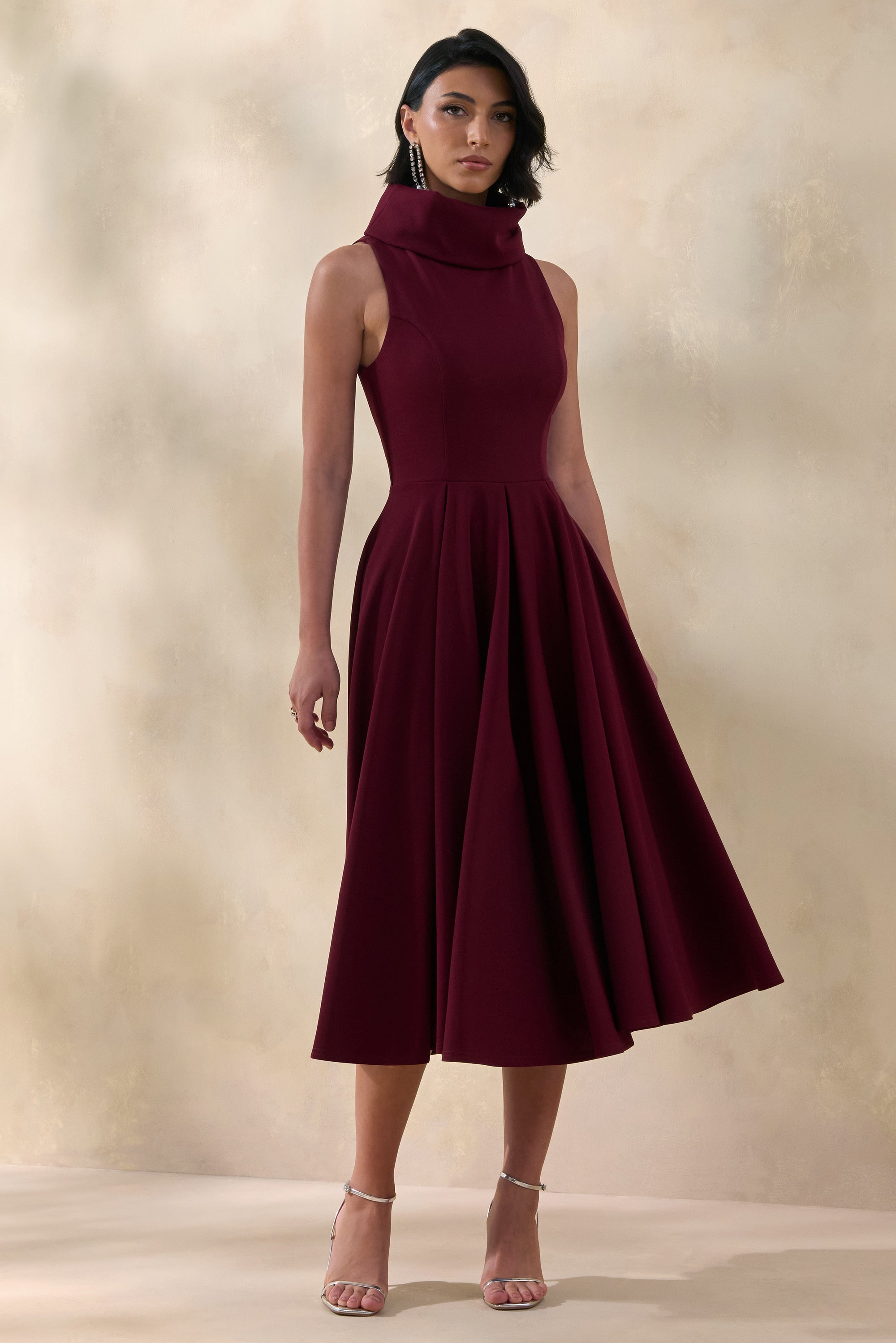 Exclusivity | Burgundy High-Neck Midi Dress