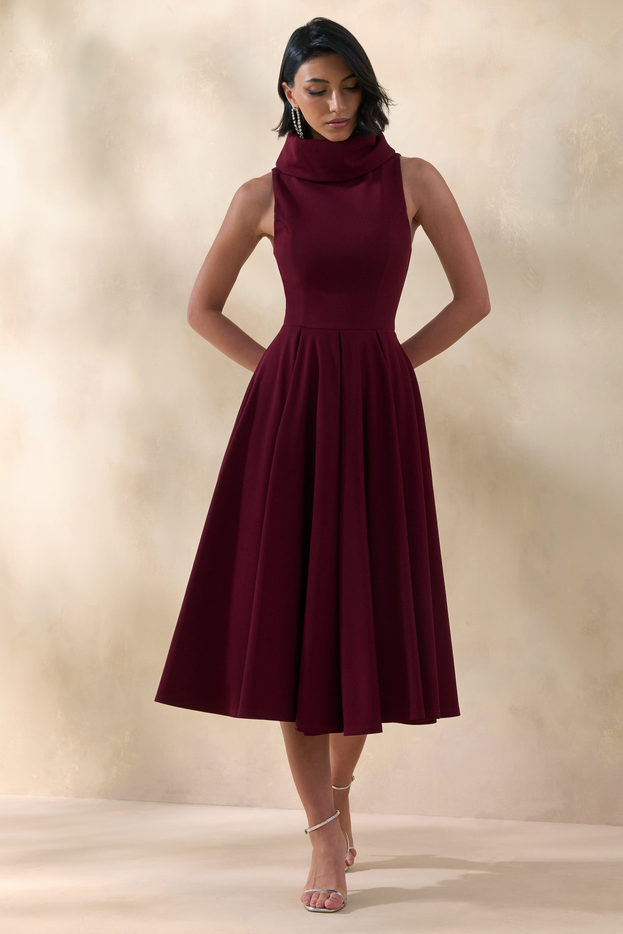 Exclusivity | Burgundy High-Neck Midi Dress