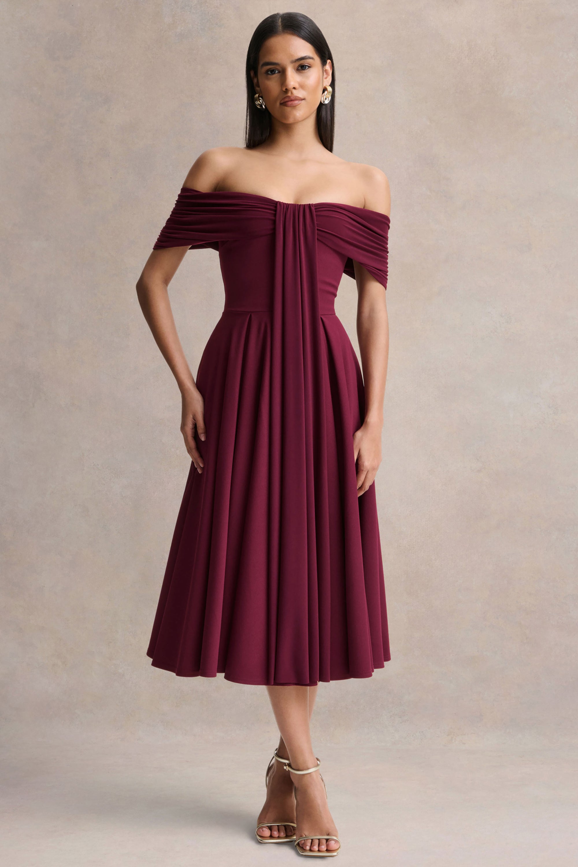 burgundy bardot midi dress Floral Bardot Midi Dress Burgundy