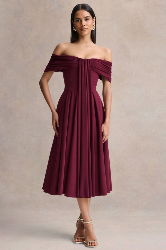Dearest | Burgundy Bardot-Neck Midi Dress - UK 12 Burgundy