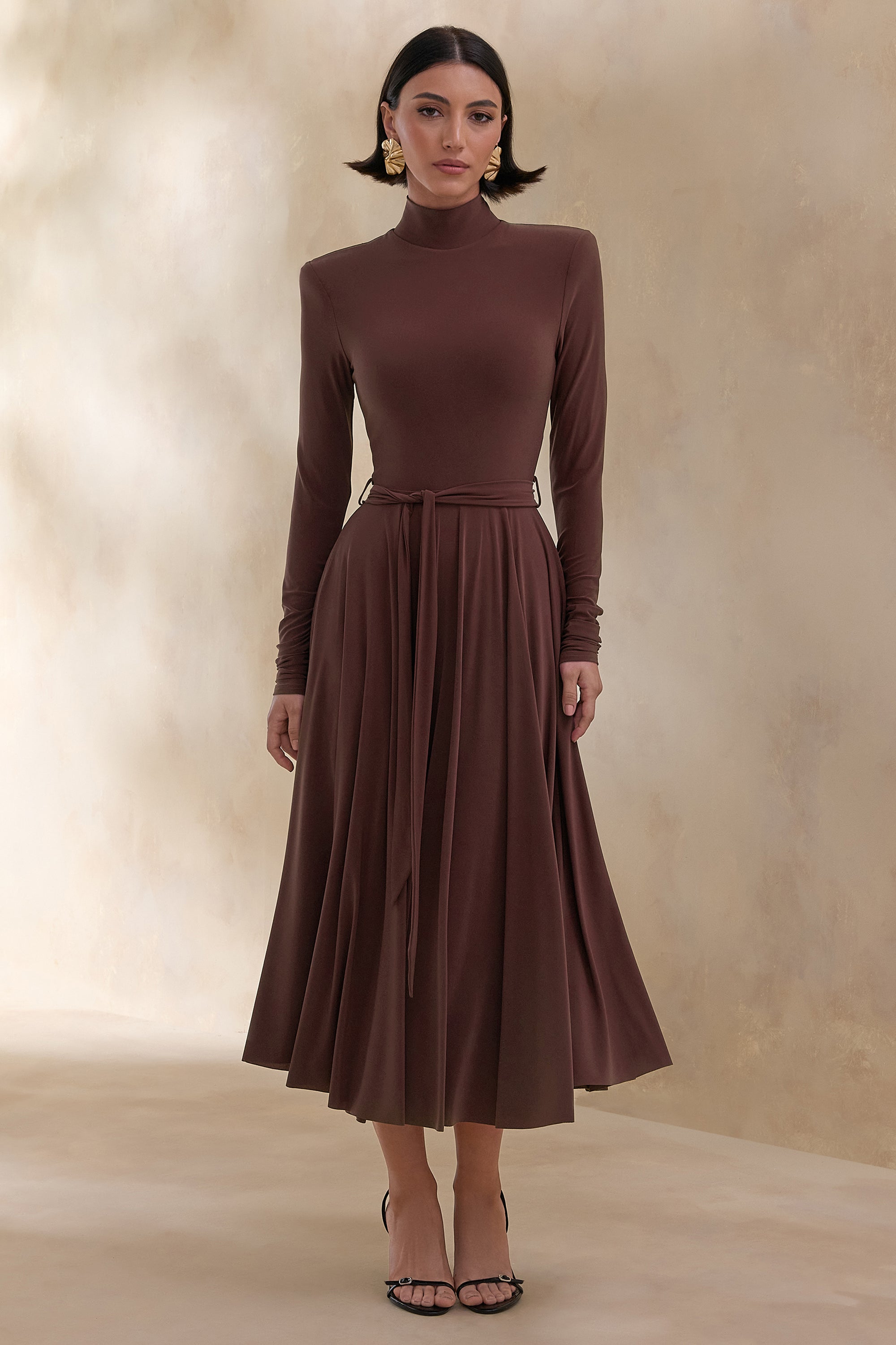 brown belted midi dress Santos Belted Midi Shirt Dress VICI