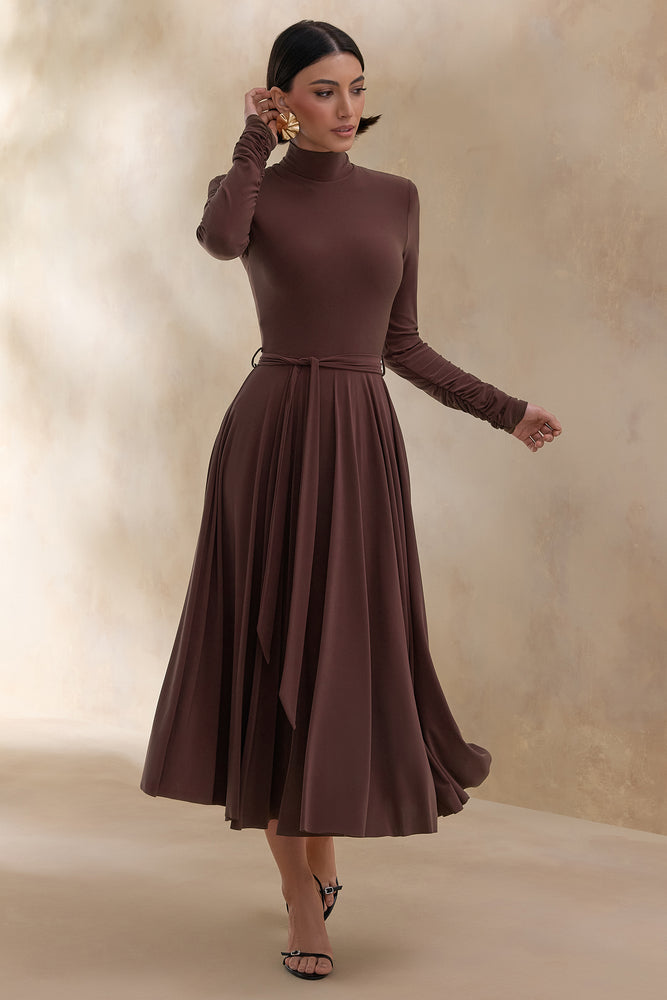 brown belted midi dress Opalia | Brown High-Neck Belted Midi Dress