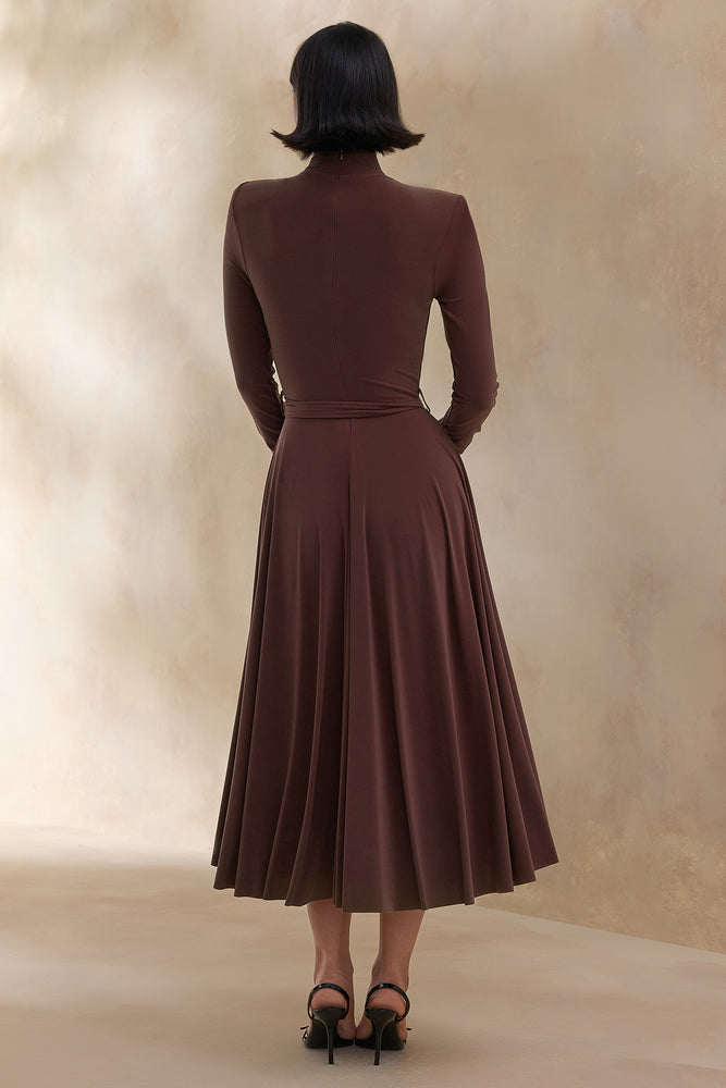 brown belted midi dress Opalia | Brown High-Neck Belted Midi Dress