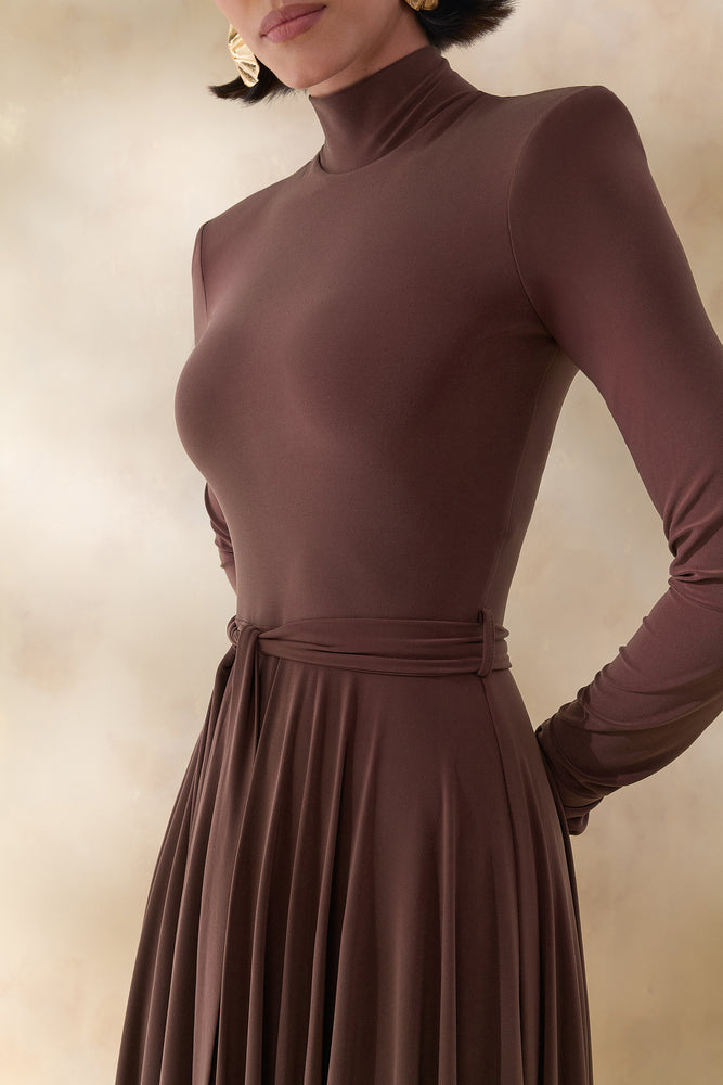 brown belted midi dress Opalia | Brown High-Neck Belted Midi Dress
