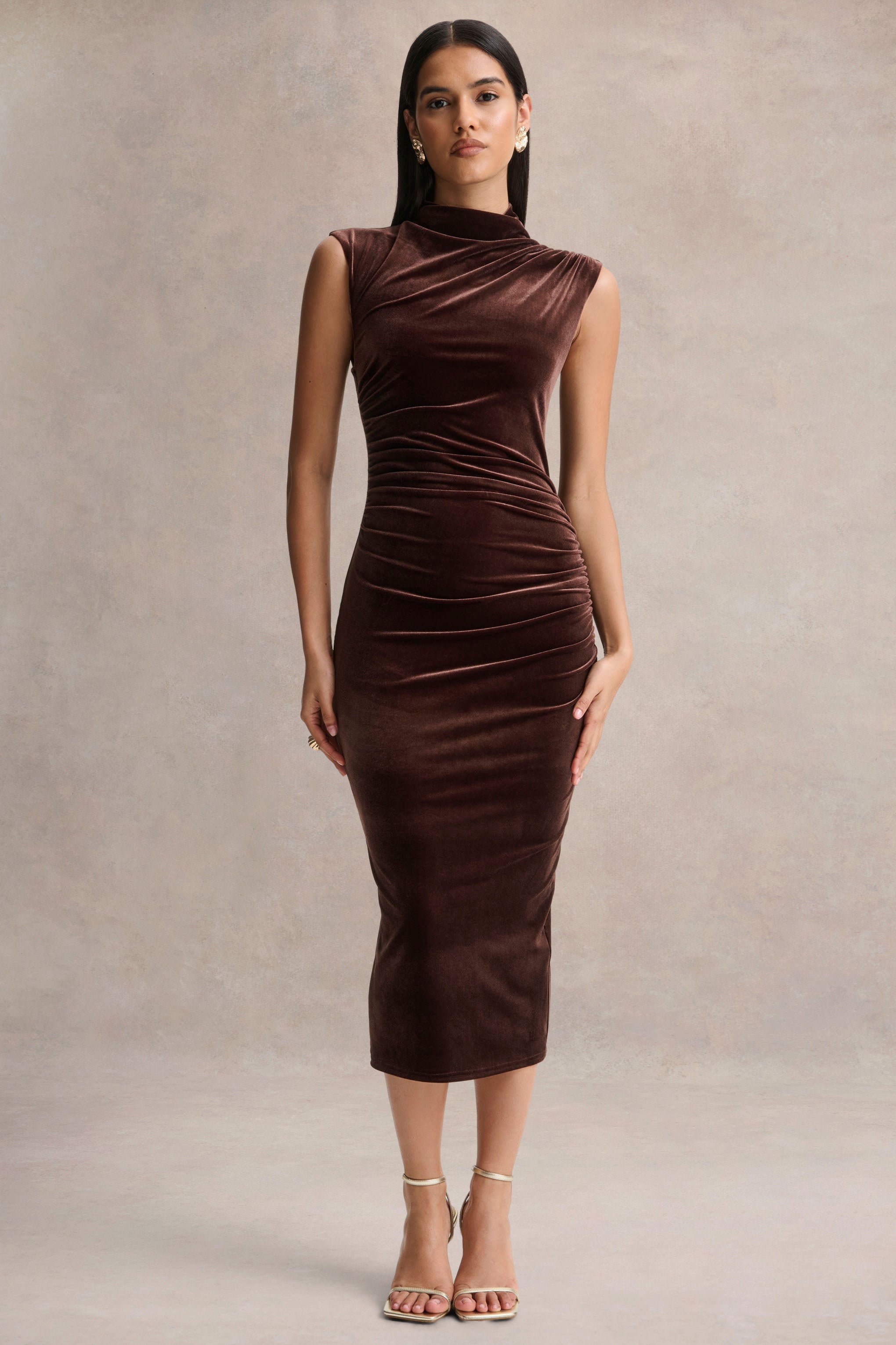 Novine | Brown Velvet High-Neck Midi Dress – Club L London - USA