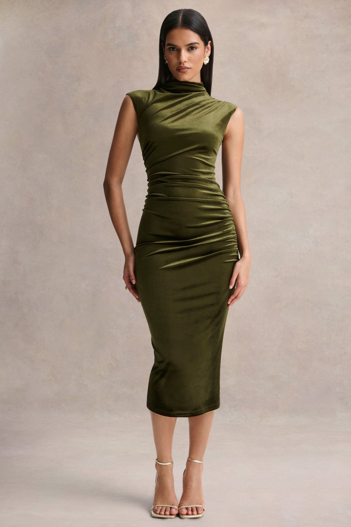 Novine Olive Velvet High-Neck Midi Dress – Club L London Novine Olive Velvet High-Neck Midi Dress – Club L London