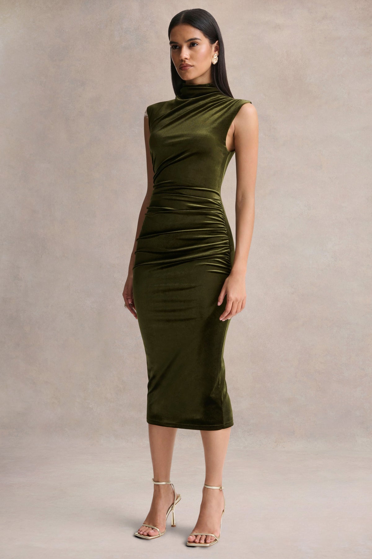 Novine Olive Velvet High-Neck Midi Dress Club L London - USA Novine Olive Velvet High-Neck Midi Dress Club L London - USA