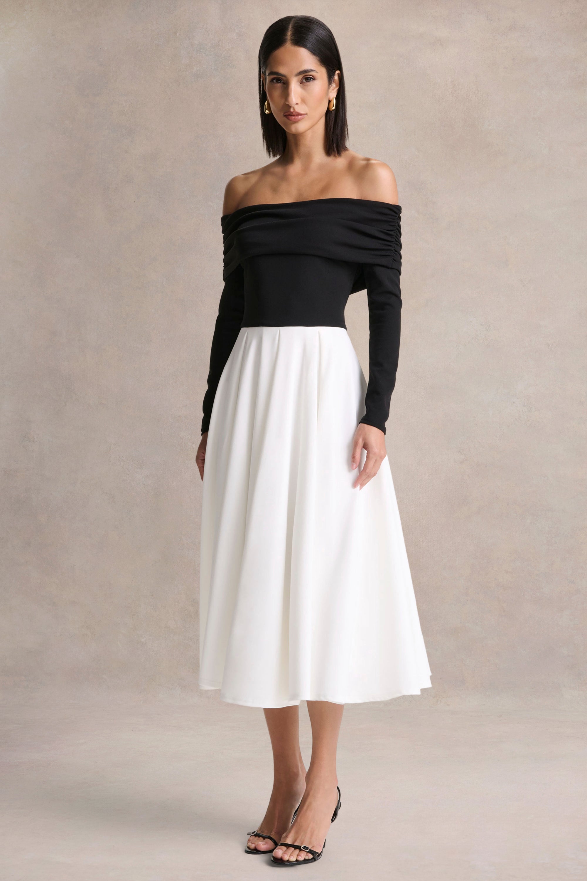 bardot dress black and white Long Sleeve Bardot Maxi Dress Black White