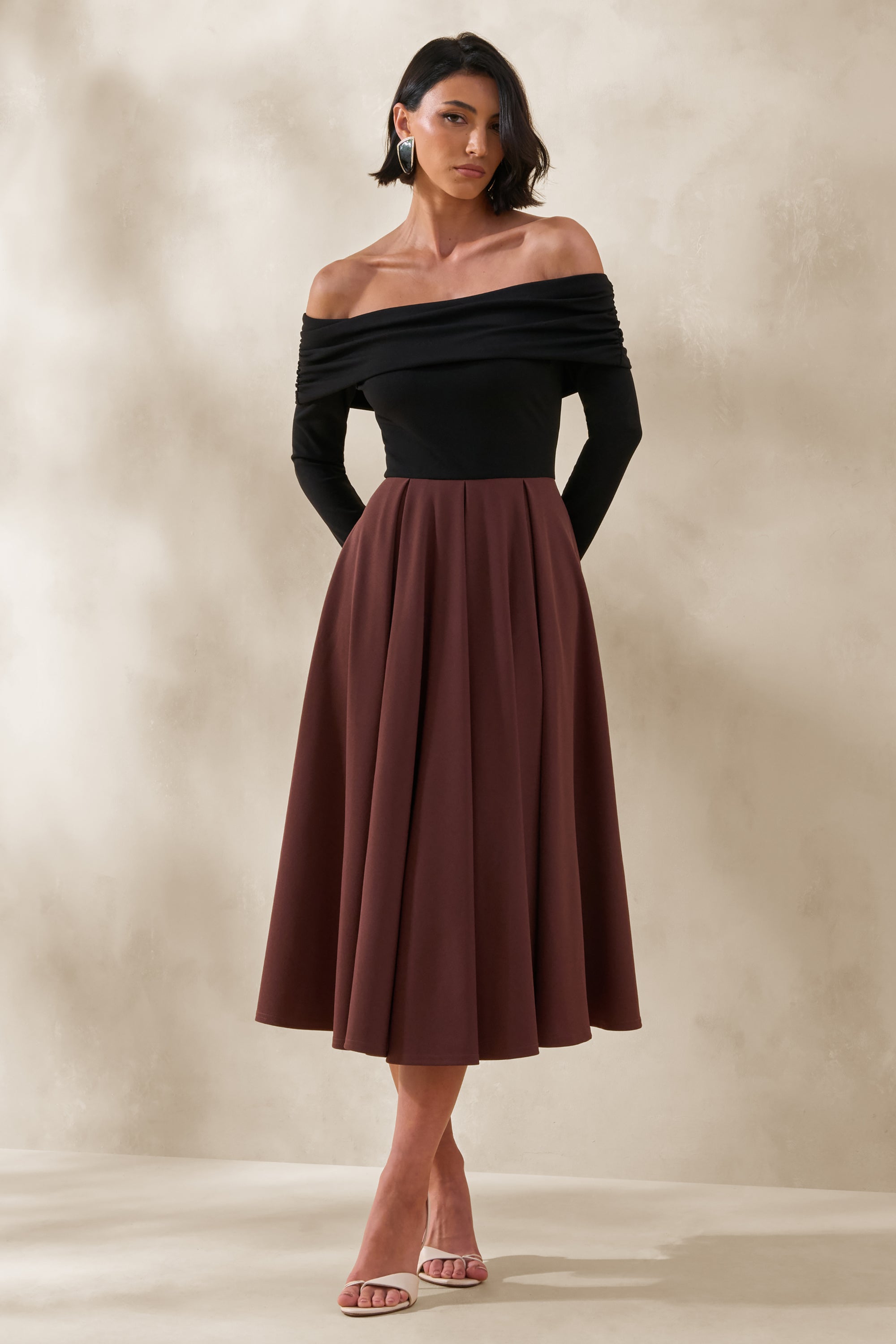 brown bardot dress Long Sleeve Draped Bardot Lace Maxi Dress Brown