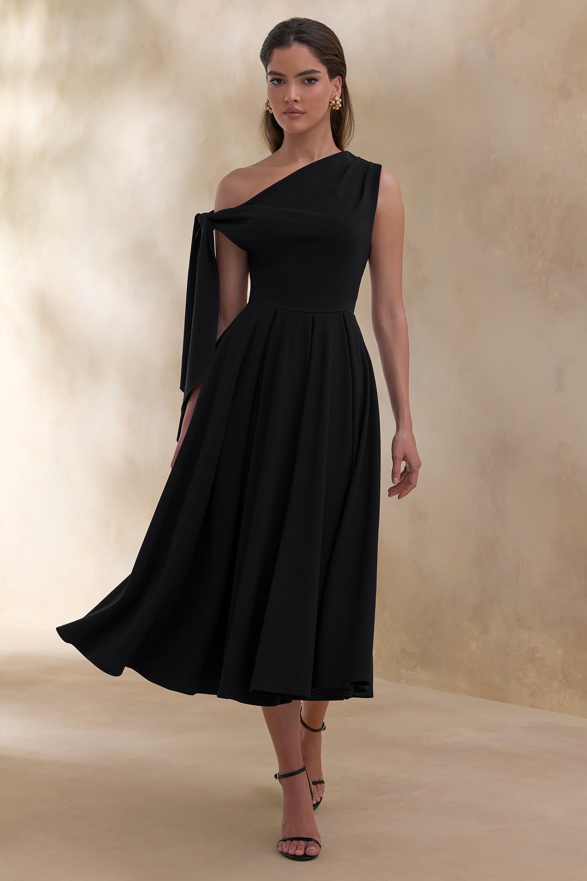 Daring Black Asymmetric-Neck Midi Dress With Knot-Detail Club L London - USA Daring Black Asymmetric-Neck Midi Dress With Knot-Detail Club L London - USA
