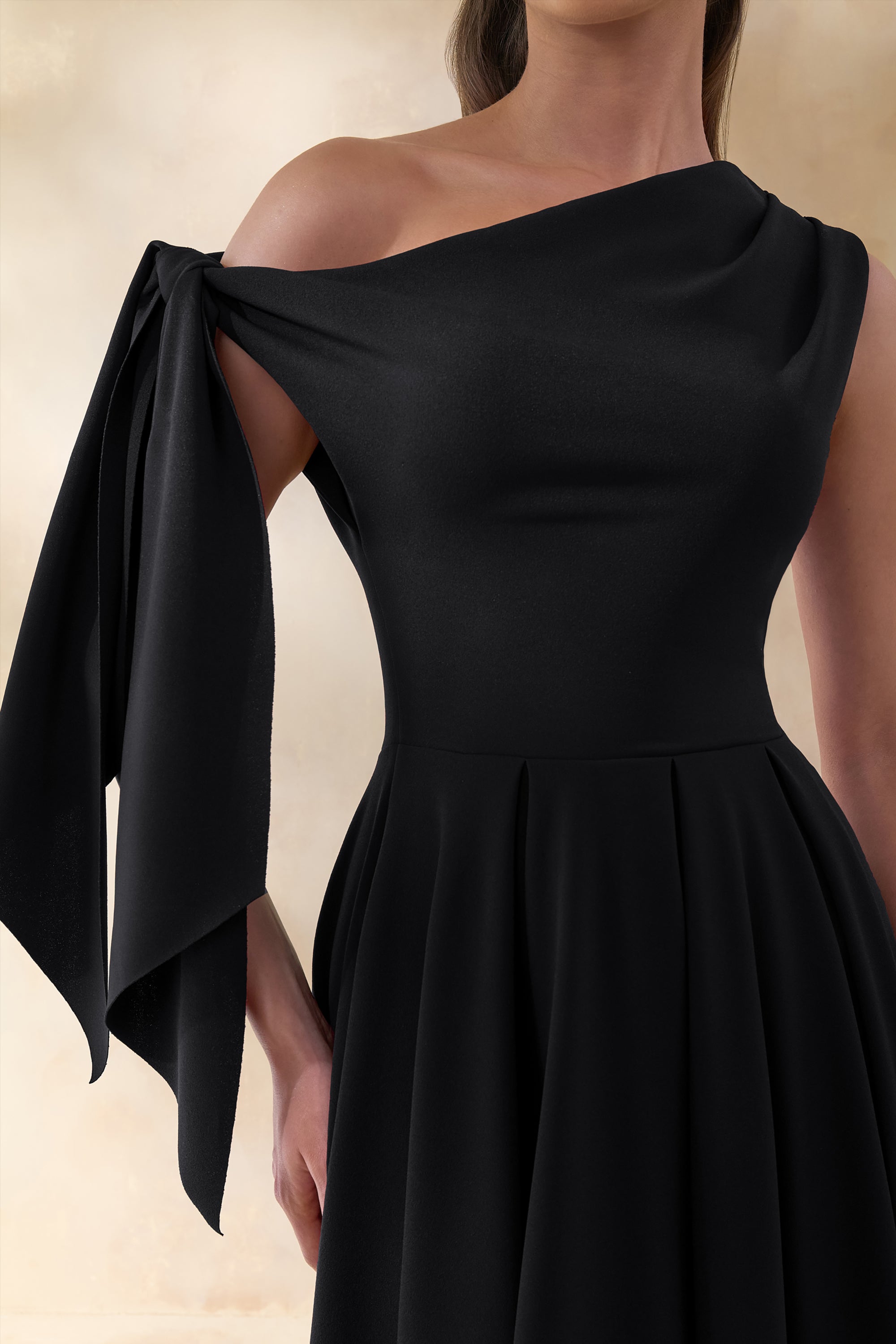 black one shoulder asymmetric neck midi dress Manon Asymmetric-Neck Ruched Dress