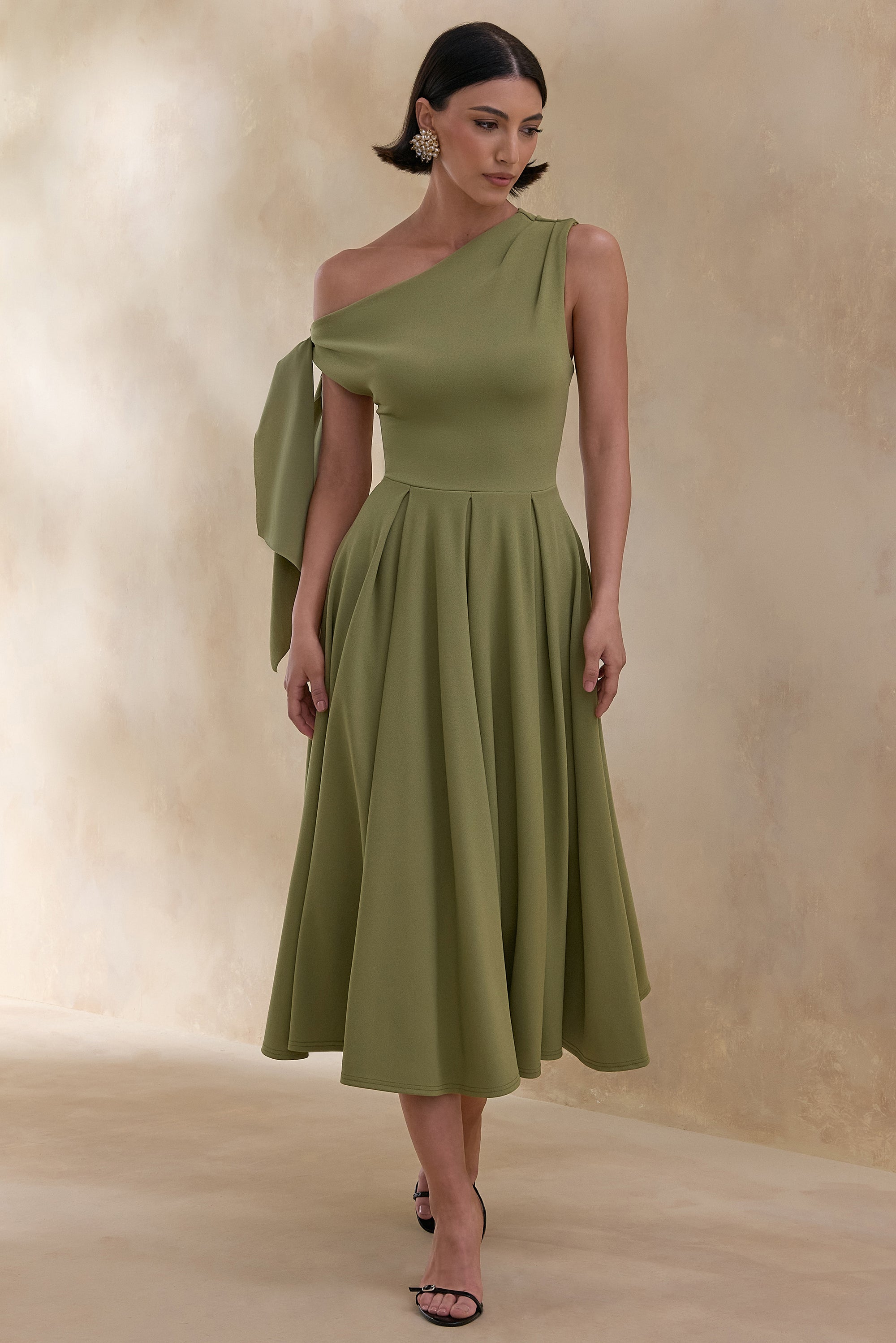 asymmetric neck midi dress Pink Asymmetric Neckline Midi Dress with Pleats shopaleena