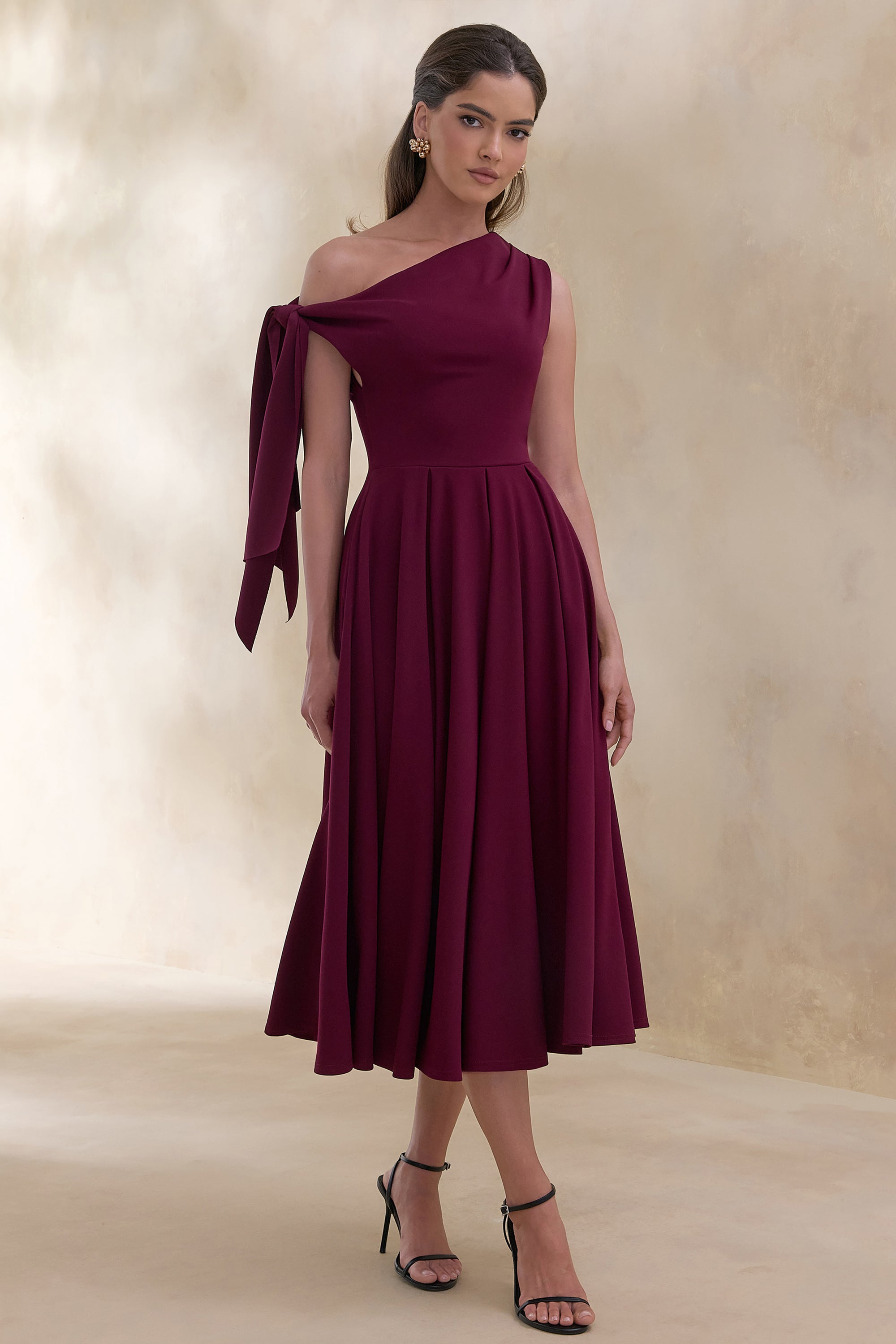 formal burgundy midi dress High End | Burgundy Velvet Asymmetric-Neck Midi Dress With Draped Detailing