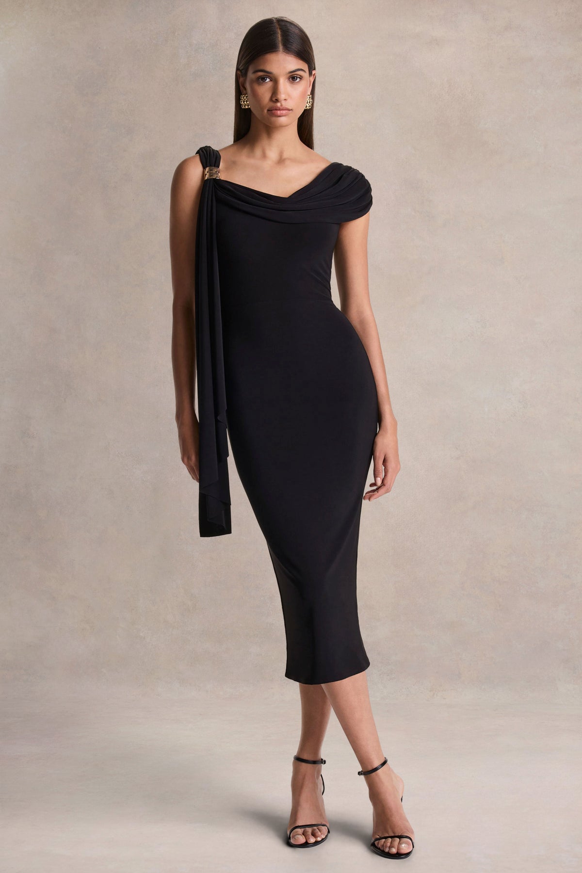 Mirelda Black Asymmetric-Neck Midi Dress With Gold-Detail Club L London - USA Mirelda Black Asymmetric-Neck Midi Dress With Gold-Detail Club L London - USA