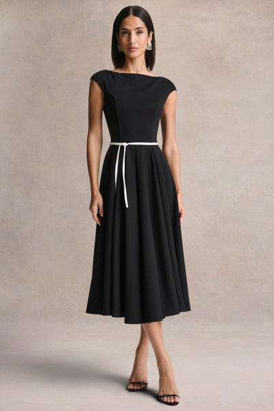 black midi dress with belt Nataline | Black Round-Neck Midi Dress With White Belt-Detail
