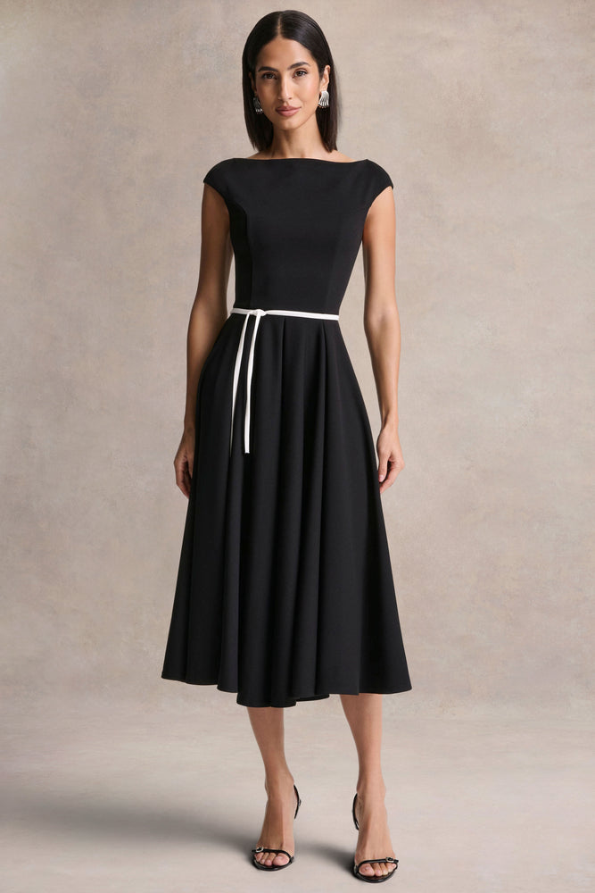 Nataline | Black Round-Neck Midi Dress With White Belt-Detail