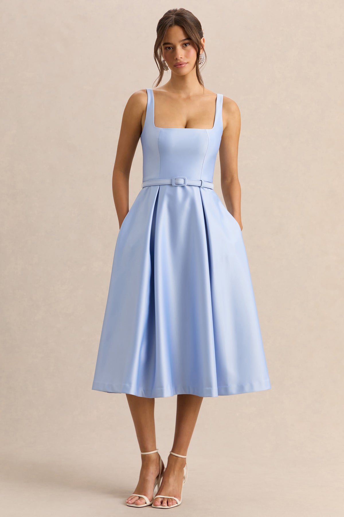 Crystaline | Powder BLUE Satin Square-Neck Midi Dress - UK 12 LIGHT BLUE Crystaline | Powder BLUE Satin Square-Neck Midi Dress - UK 12 LIGHT BLUE