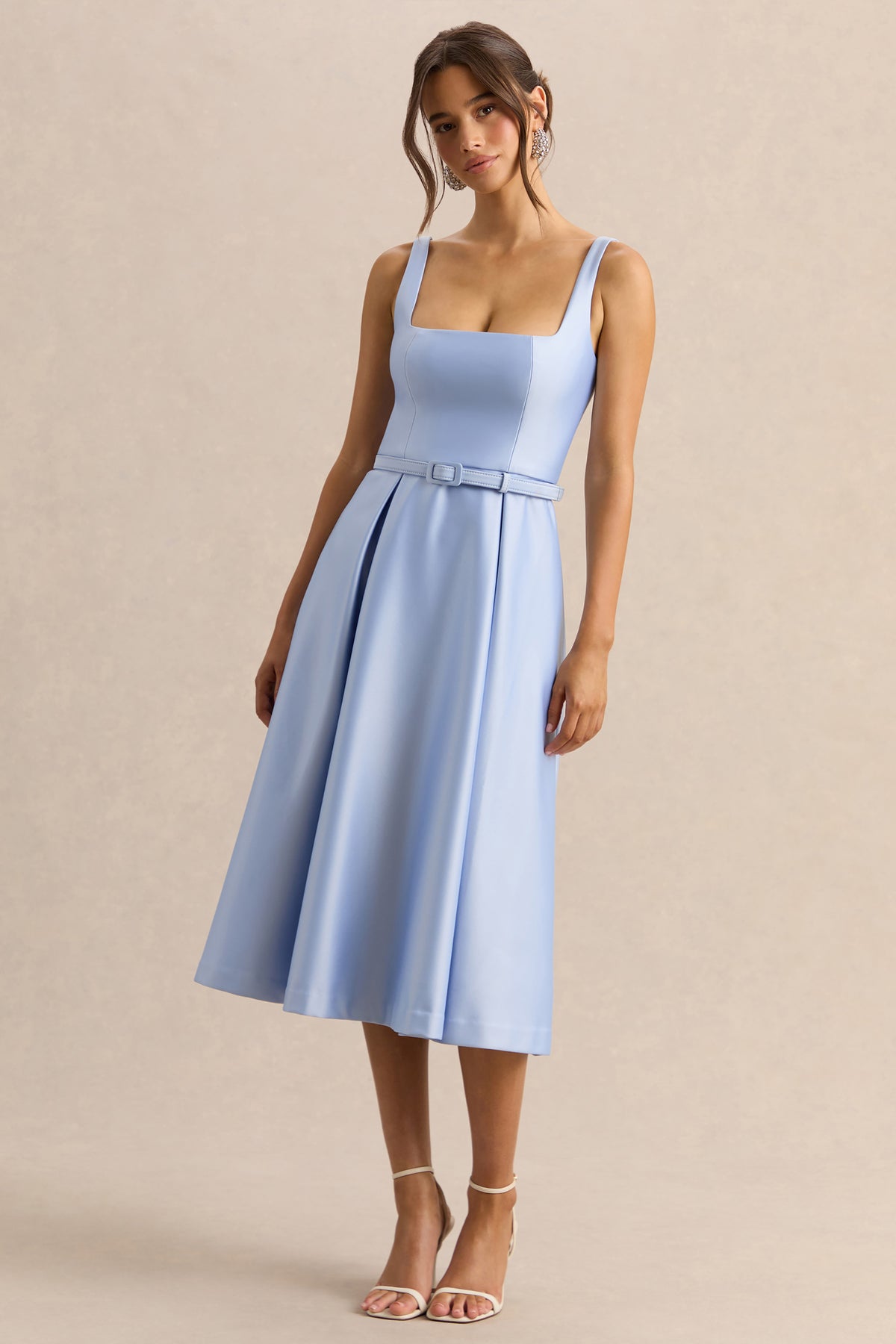 blue midi dress square neck Crystaline | Powder BLUE Satin Square-Neck Midi Dress