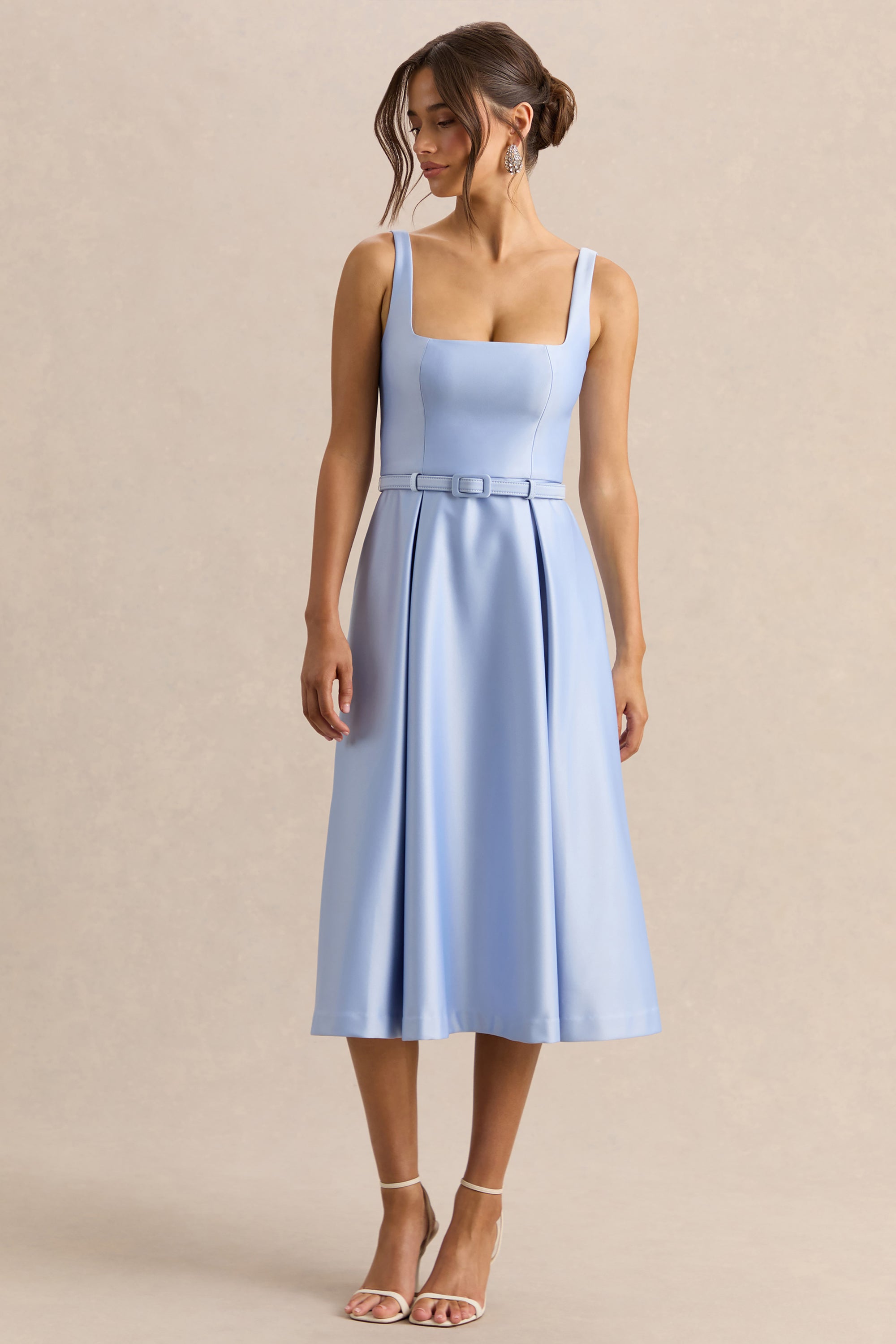 square neck satin midi dress Square Neck Satin Midi Dress with Full Skirt & Flower Sash
