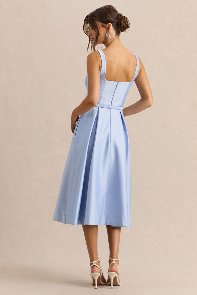 Crystaline | Powder BLUE Satin Square-Neck Midi Dress - UK 6 LIGHT BLUE Crystaline | Powder BLUE Satin Square-Neck Midi Dress - UK 6 LIGHT BLUE