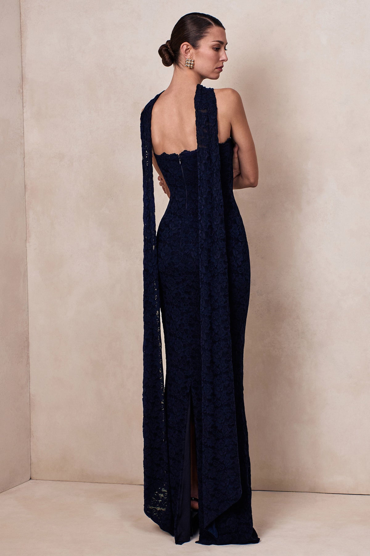 Massima Navy Lace Bandeau Maxi Dress With Scarf-Detail Club L London - USA Massima Navy Lace Bandeau Maxi Dress With Scarf-Detail Club L London - USA