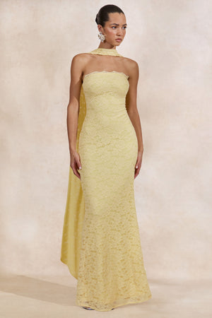 Massima | Lemon Lace Bandeau Maxi Dress With Scarf-Detail – Club L