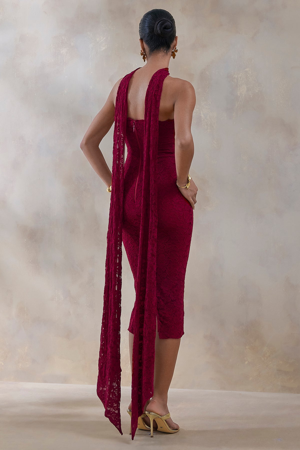 Rosaria | Burgundy Lace Bandeau Midi Dress With Scarf-Detail - UK 12 Burgundy Rosaria | Burgundy Lace Bandeau Midi Dress With Scarf-Detail - UK 12 Burgundy