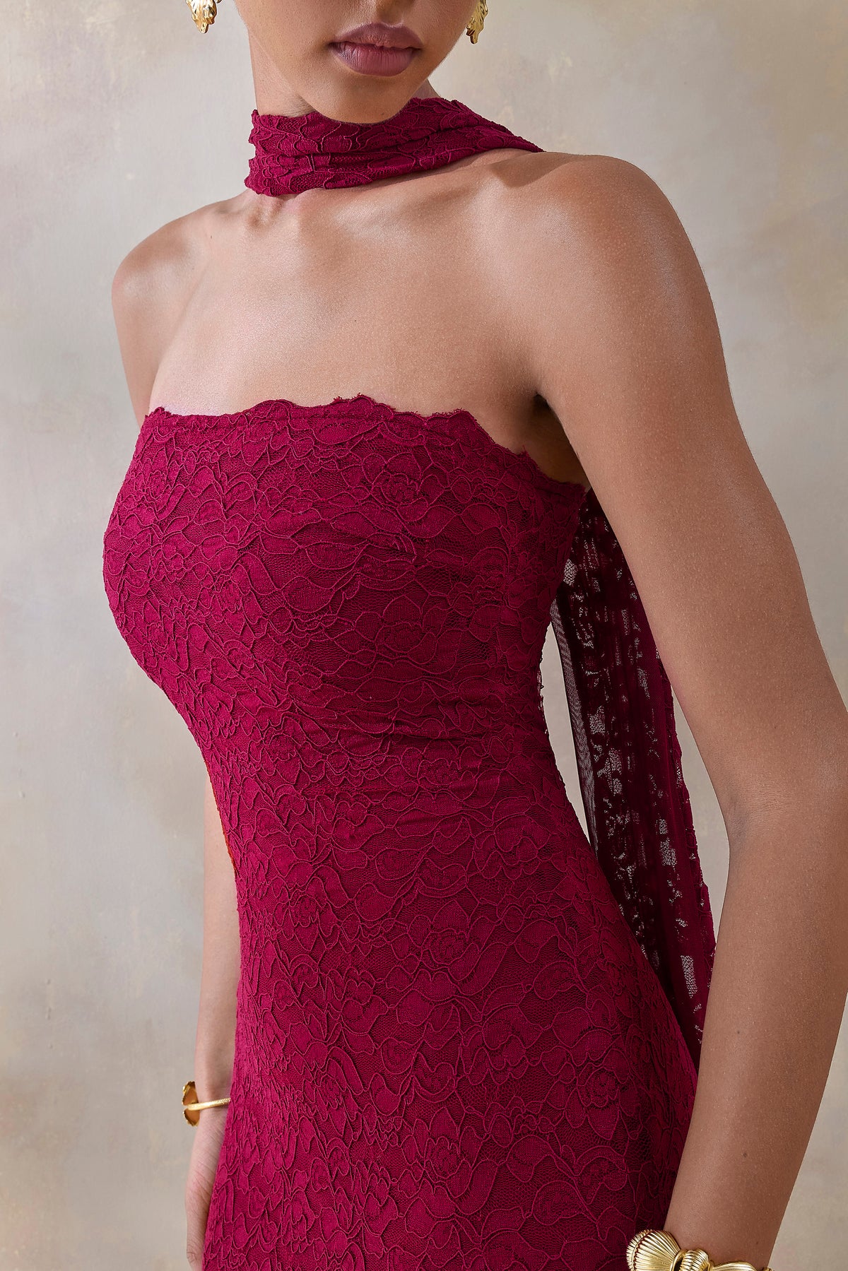 Rosaria | Burgundy Lace Bandeau Midi Dress With Scarf-Detail - UK 12 Burgundy Rosaria | Burgundy Lace Bandeau Midi Dress With Scarf-Detail - UK 12 Burgundy