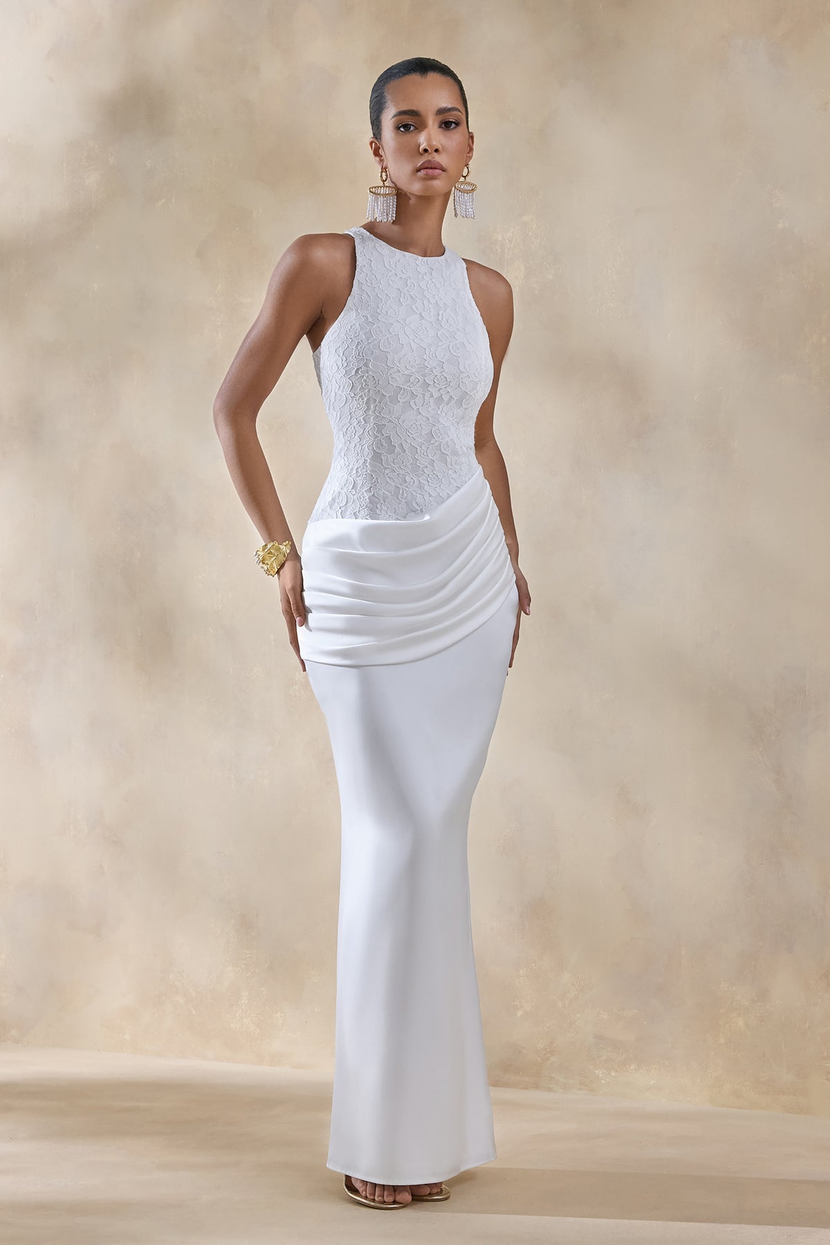 Neria | White Satin And Lace Crew-Neck Maxi Dress With Draped Wrap-Skirt - UK 16 White Neria | White Satin And Lace Crew-Neck Maxi Dress With Draped Wrap-Skirt - UK 16 White