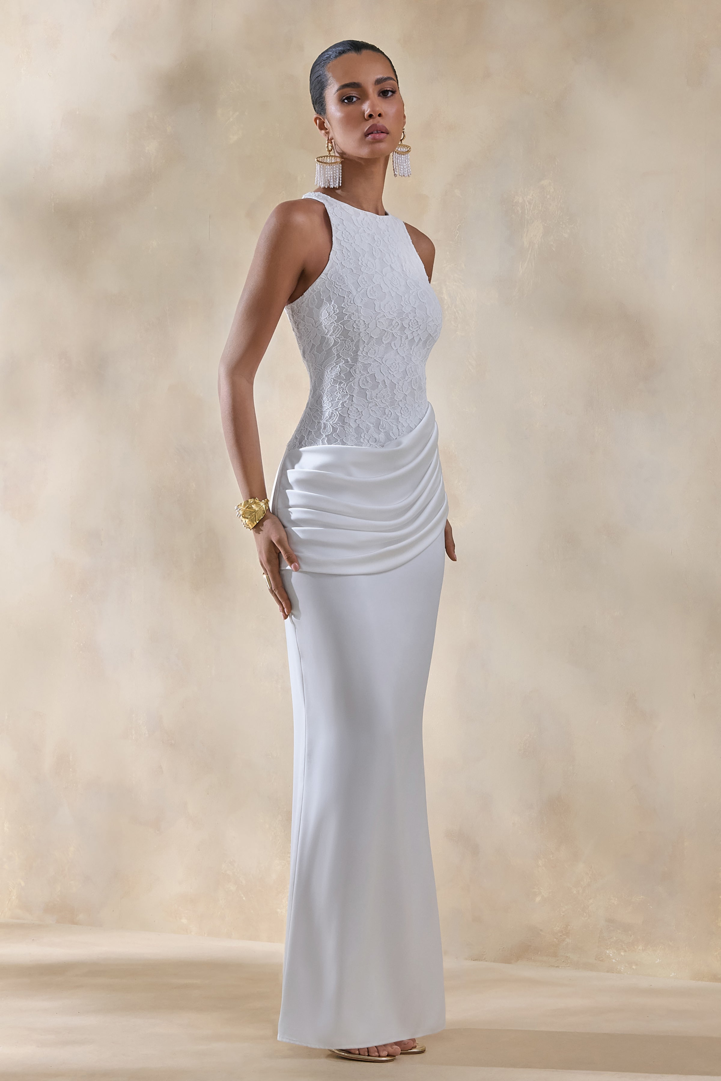 Neria | White Satin And Lace Crew-Neck Maxi Dress With Draped Wrap
