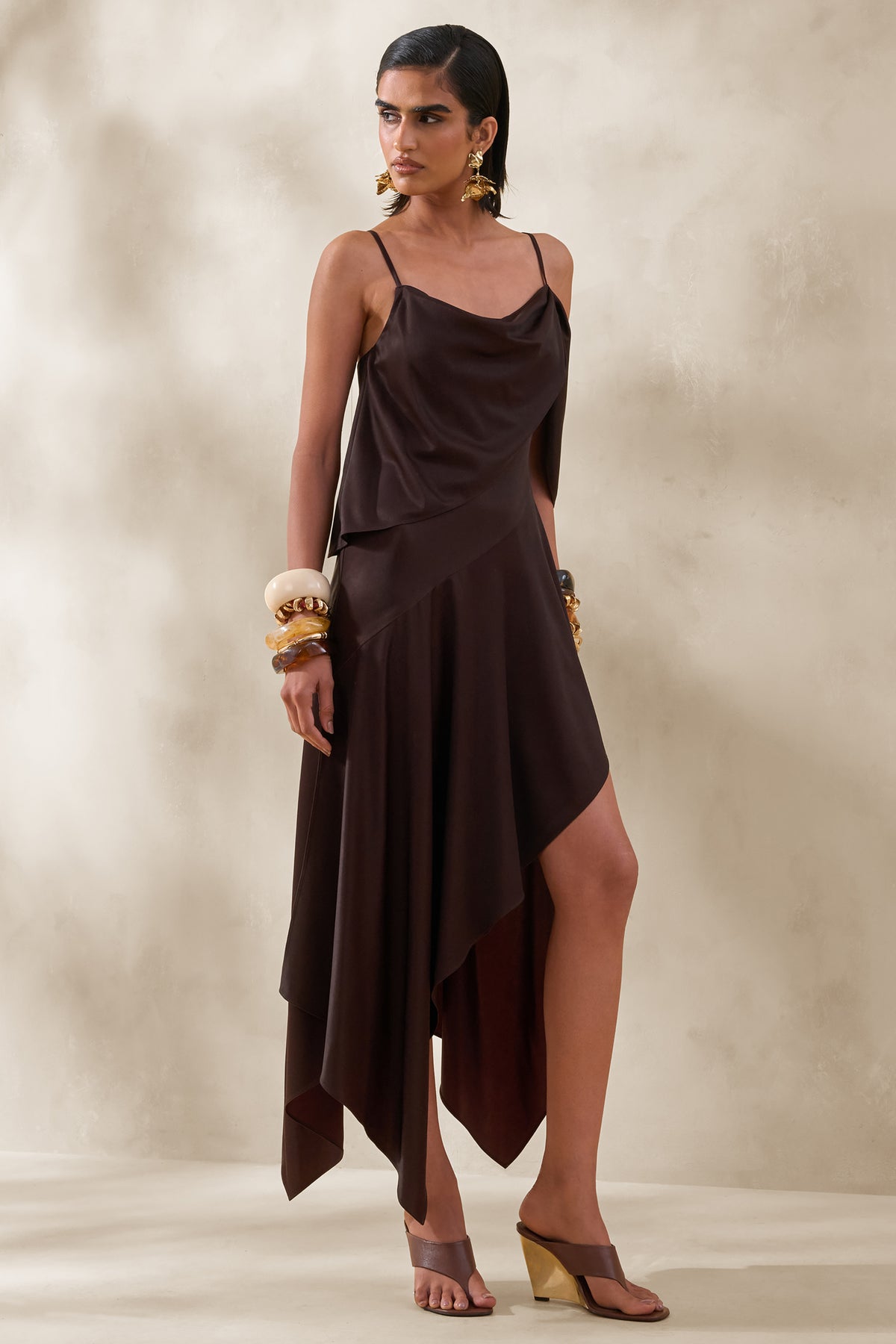 Helira | Brown Asymmetric Midi Dress With Draping Detailing and Open-Back - UK 8 DARK Brown Helira | Brown Asymmetric Midi Dress With Draping Detailing and Open-Back - UK 8 DARK Brown