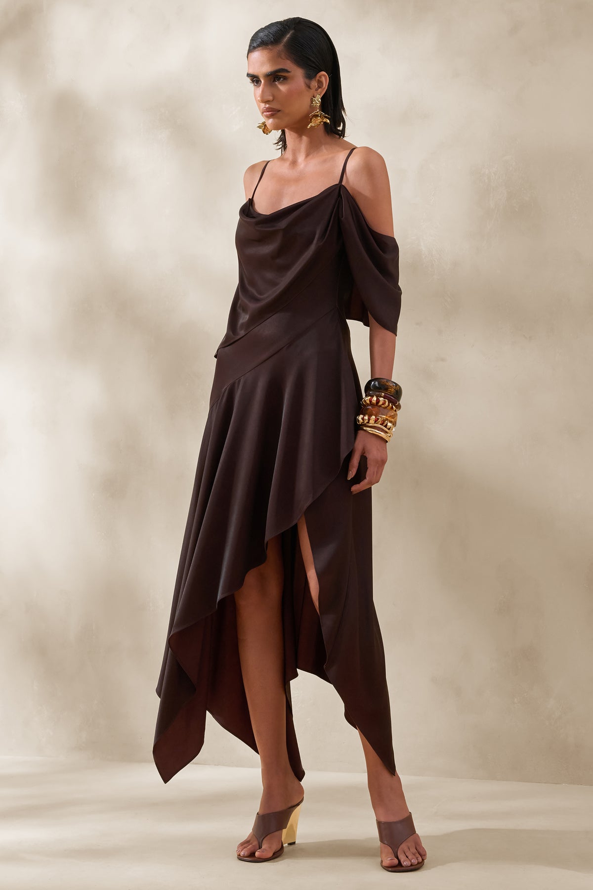Helira | Brown Asymmetric Midi Dress With Draping Detailing and Open-Back - UK 8 DARK Brown Helira | Brown Asymmetric Midi Dress With Draping Detailing and Open-Back - UK 8 DARK Brown
