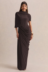 HR_CL137651022 - Lunaline | Brown High-Neck Maxi Dress With Asymmetric Cape And Draped-Detailing 0.jpg
