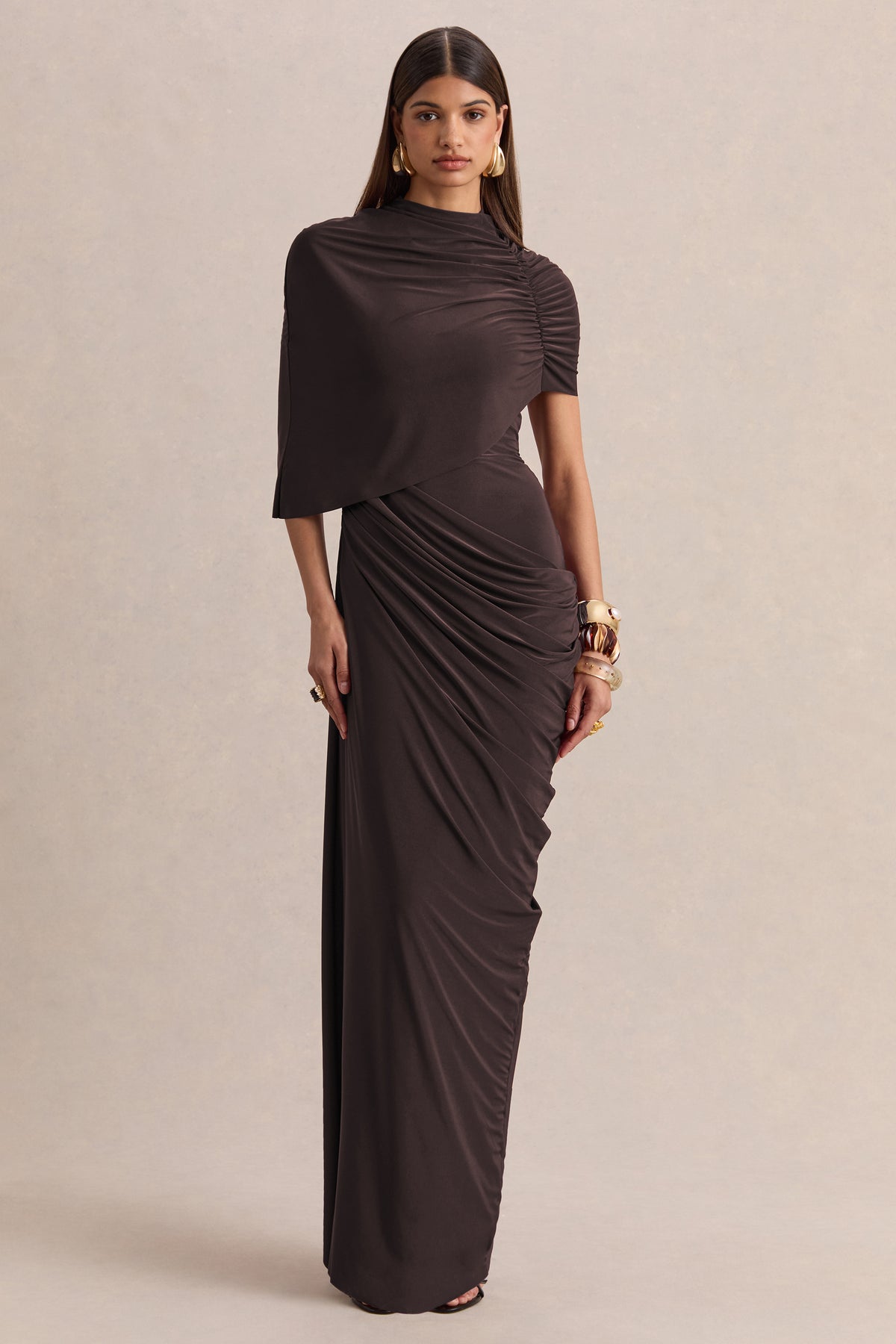 high neck asymmetric dress High Neck Asymmetrical Draped Maxi Dress – IULOVER