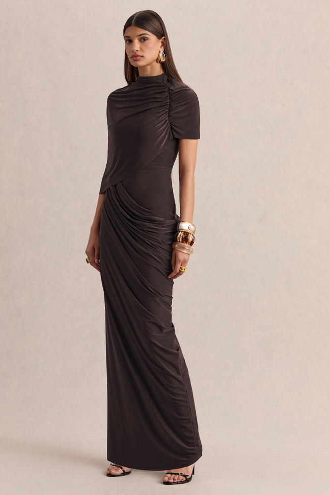 Lunaline | Brown High-Neck Maxi Dress With Asymmetric Cape And Draped-Detailing - UK 16 DARK Brown Lunaline | Brown High-Neck Maxi Dress With Asymmetric Cape And Draped-Detailing - UK 16 DARK Brown
