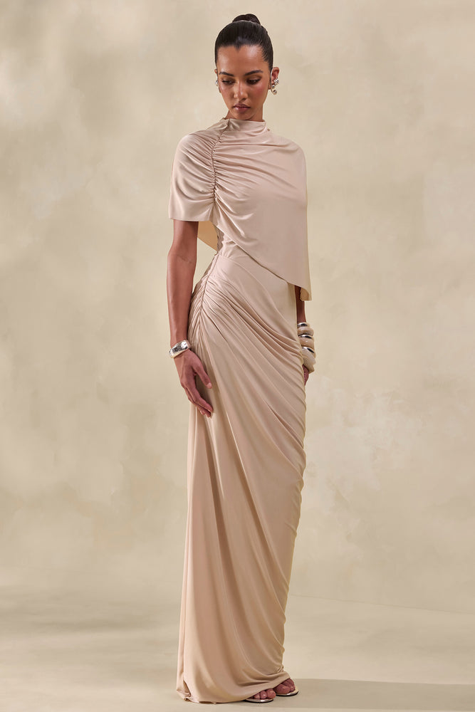 luna satin maxi dress Lunaline | Champagne High-Neck Maxi Dress With Asymmetric Cape And Draped-Detailing