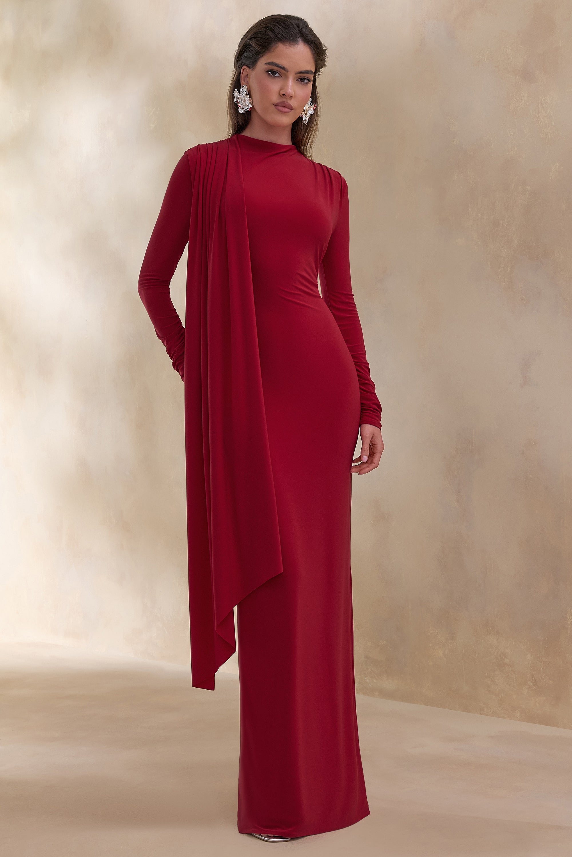 red high neck formal dress Red Formal Dress Halter V-Neck Trumpet/Mermaid High Waist Ruched Formal Dress With Slit