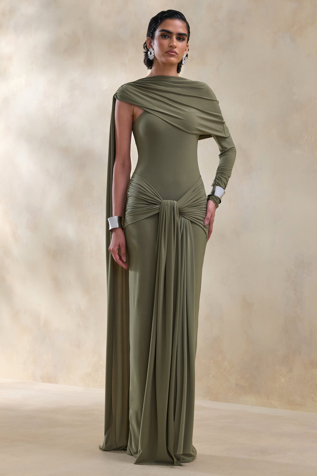 ECM_HR_CL137653031 - Trisara | Olive Asymmetric-Neck Maxi Dress With Gathered-Detailing And Sash 0.jpg